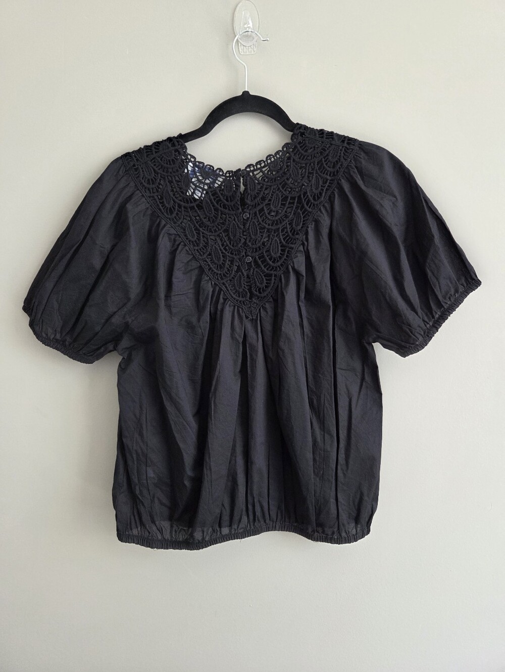 Calypso St. Barth 100% Cotton Crochet Yoke Short Puff Sleeve Blouse Black Size M - Picture 2 of 8